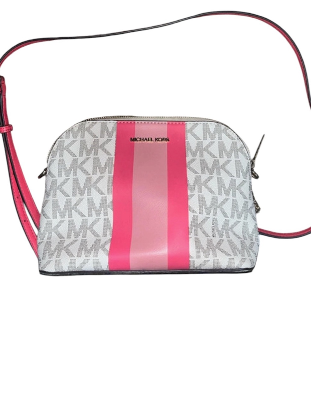 Michael Kors White Logo Crossbody with Pink Center Stripe